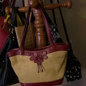 Beautiful Cole Haan Tan Woven and Red Leather Women's Tote Bag